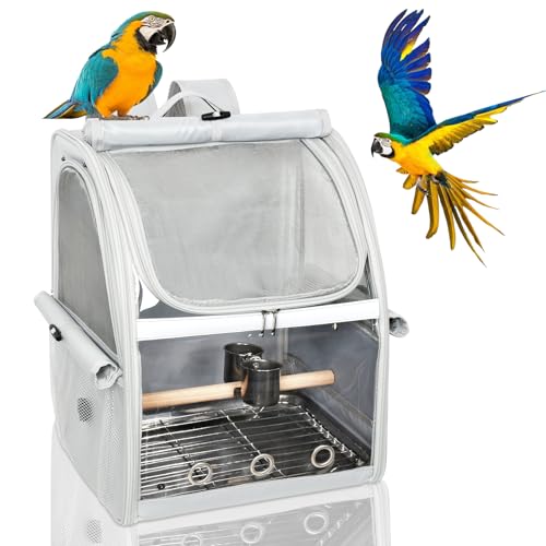 Bird Carrier Bag, Bird Travel Cage with Standing Perch and Indestructible Stainless Steel Mesh, Protable Transparent Breathable Carrier with Feeder Cups for Small Birds Parrot Parakeet, Grey - size: 16.0"L x 13.0"W x 10.0"H