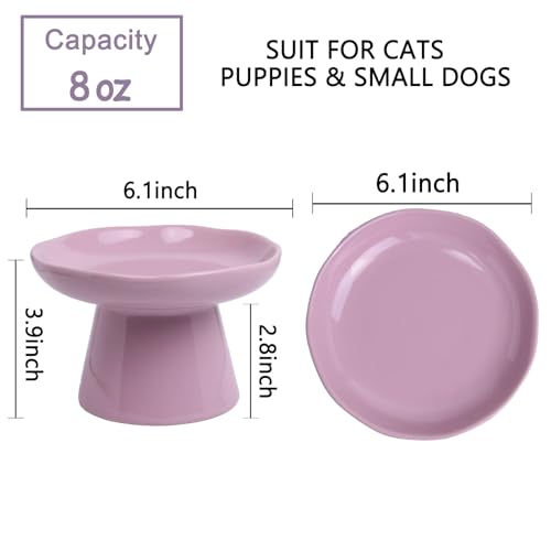 Wide Shallow 6.1" Raised Cat Bowls, Ceramic Elevated Food Plate for Flat Faced Cats and Small Dogs, Porcelain Feeder Bowl, Stress Free, Protect Cat’s Spine, Lavender - color: Lavender-Shallow