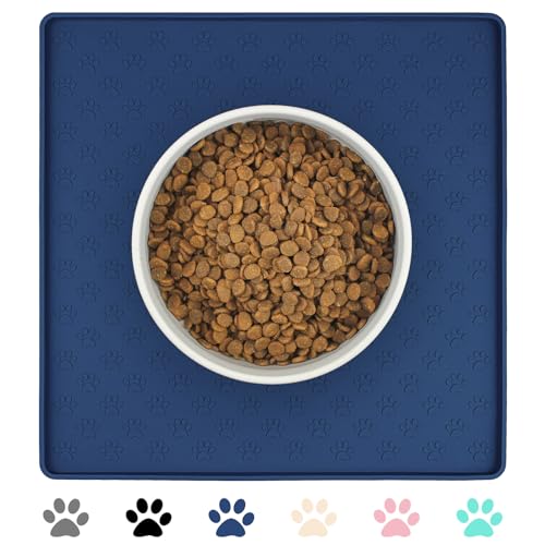 Ptlom Pet Placemat for Dog and Cat, Waterproof Non-Slip Silicone Feeding Bowl Mat Prevent Food and Water Overflow, Puppy Dish Feeder Fountain Trays Suitable for Medium and Small Pets, Navy Blue - color: Navy Blue, size: 11.8"L x 11.8"W