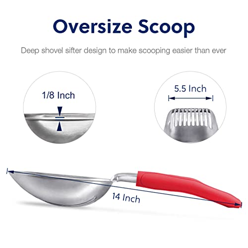 Cat Litter Scoop, Aluminum Alloy Sifter, Kitty Metal Scooper, Deep Shovel, Long Handle, Poop Sifting, Kitten Pooper Lifter, Durable, Heavy Duty, for Litter Box - color: FLAT Aluminum \ #08 Red Handle, size: Large