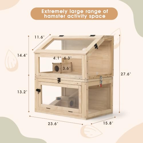 COZIWOW Hamster Cage, 2-in-1 Detachable 2-Tier Stackable Chewproof Wooden Small Animal Habitat with Ramps & Hideouts, 270° Panoramic Acrylic View Openable Wire Top, Large Rat House for Syrian - color: Wood