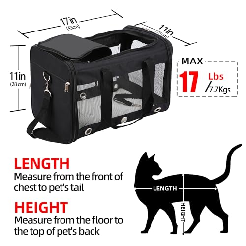 Soft Sided Cat/Dog Carrier,Collapsible Pets Travel Carriers for Pet/Puppy with Shoulder Strap & Removable Mat,Mesh Top Load Small Dogs/Cats Carry Bag Up to 17 Lbs TSA Airline Approved（Black,M） - size: 11.0"L x 11.0"W x 17.0"H