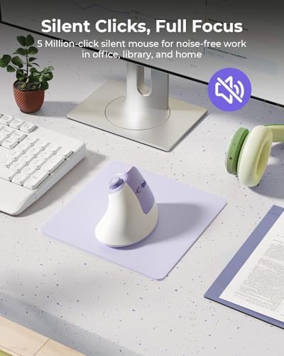 seenda MOU-302 Wireless Bluetooth Ergonomic Vertical Mouse with Volume Knob | Rechargeable 3-device mice for small/medium hands with quiet clicks, 1000/1600/2400 DPI for PC, laptop, MacBook, White Purple - color: White Purple