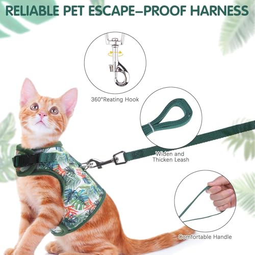 BINGPET Cat Harness and Leash Set, Escape Proof and Adjustable, Medium | Step-in Vest, Lightweight Soft Breathable Mesh, Hook & Loop, Easy Control for Small & Medium Cats Walking Travel - color: Green leaves, size: Medium