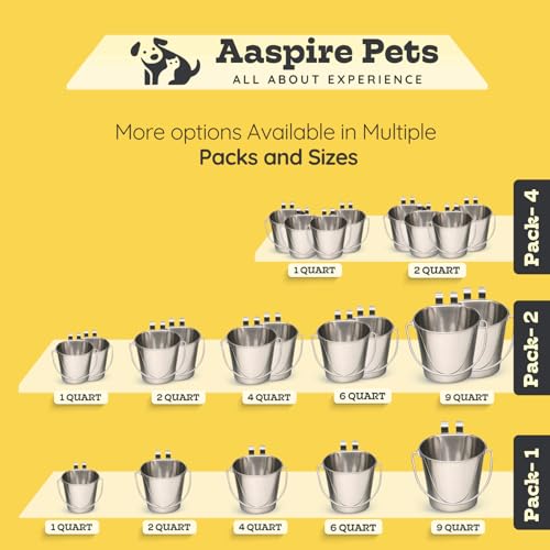 2 Quart Stainless Steel Flat Sided Bucket with Dual Hooks | 4 Pcs Durable Food & Water Bowl for Dog Cats Bird & Small Animals | Fits kennel Cage Crates Hanging Pet Pail | Multipurpose use - size: 2 Quart (Pack of 4)
