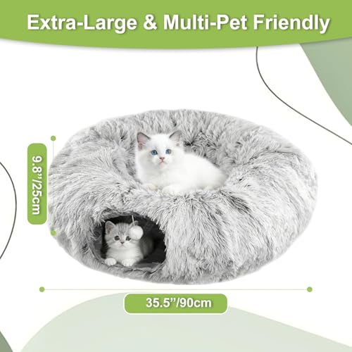 Cat Tunnel Bed for Indoor Cats, Plush Donut Tunnel with Washable Cushion | Peekaboo Cat Hideaway Cave Toy for Kittens, Puppy, Rabbit and Small Pets, Grey