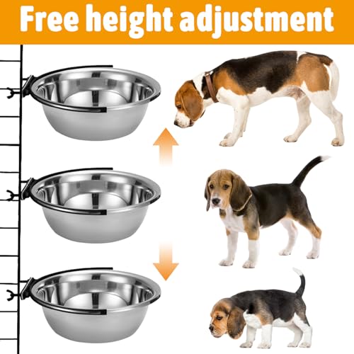 kathson Dog Kennel Bowls for Crates, 3 Pcs Stainless Steel Pet Food Water Bowls with Clamp Holder Hanging Metal Puppy Feeding Dish Cage Coop Cup for Cat Rabbit Ferret Bird (8.5 * 2.7in)