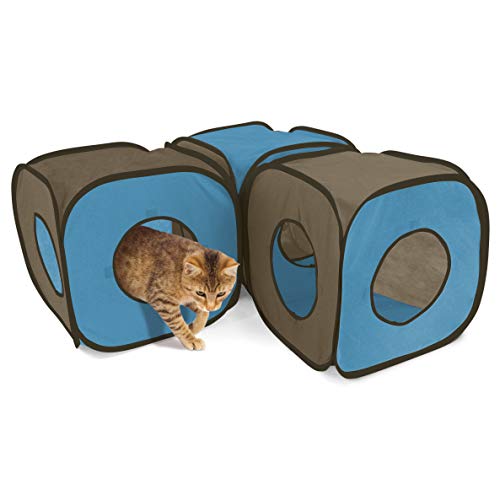 Kitty City Pop-Up Rolling Cat Cube & Tunnel Toy, Collapsible Indoor Cat Play Cube with Peekaboo Openings & Hanging Tassel, Lightweight Foldable Cat Furniture - Blue/Brown - color: Blue & Brown, size: Cube