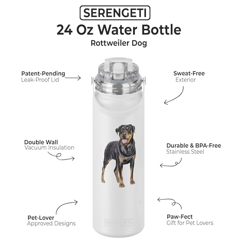 SERENGETI 24 Oz Water Bottle Stainless Steel with Spill Proof Lid - Double walled Vacuum Insulated water flask - Realistic 3D Print of your favorite dog (Rottweiler) - color: Rottweiler