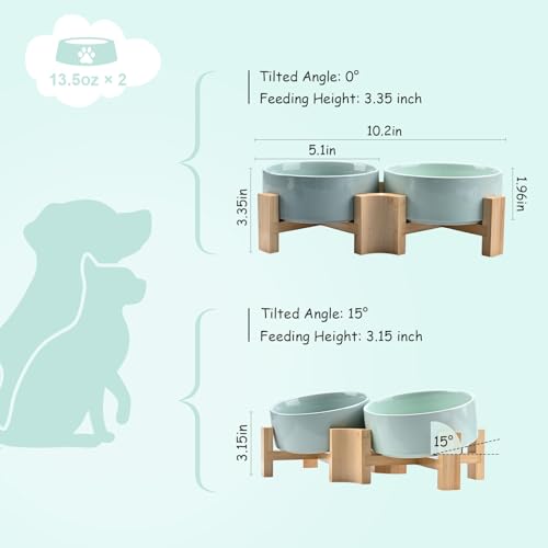 SPUNKYJUNKY 15° Slanted Ceramic Dog and Cat Bowl with Wooden Stand, Tilted Bulldog Food and Water Bowl No Slip Non-Spill for Cats Medium Dogs Big Face Pets 13.5 OZ (1.7 Cups, Morandi Green × 2) - color: Morandi Green, size: 1.7 CUPS × 2