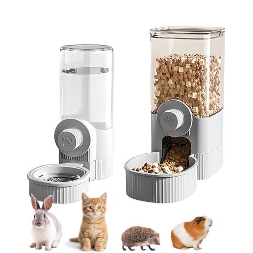 GPY Automatic Hanging Gravity Pet Feeder and Water Dispenser Set | Automatic Rabbit Bunny Feeder and Guinea Pig Water Bottle Water Dispenser for Dogs Cats Pets Animals Large Capacity (Grey) - color: Grey