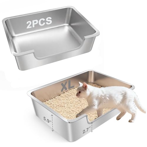 2-Pack Low Entry Litter Box for Senior Disabled & Injured Cats, Stainless Steel High Sided Enclosed Easy Step in Entry-Large Metal Kitty Litter Box for Kittens, Odor Control (23.6"x15.7"x5.9") - size: 2PACK-23.6"x15.7"x5.9"-XL