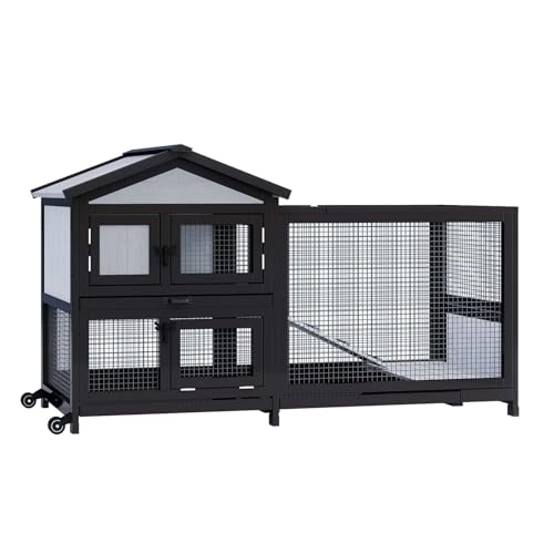 Rabbit Hutch 58" Rabbit Cage Outdoor&Indoor 2-Story Chicken Coop Guinea Pig Cage on Wheels Bunny Cage with 3 Deep No Leakage Pull Out Tray,Waterproof Roof (Black) - size: 58 inch