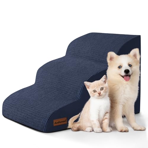 Dog Stairs and Steps for Beds Or Couches, 3-Step Pet Stairs & Steps for Small Dogs and Cats, Soft and Non-Slip Dog Ramp for Older Dogs,Pet with Joint Pain,Easy to Walk | 15.7" H Non-Slip Sturdy Dog Steps with Curved Ramp for Senior,Short-Legged Dogs,Puppy