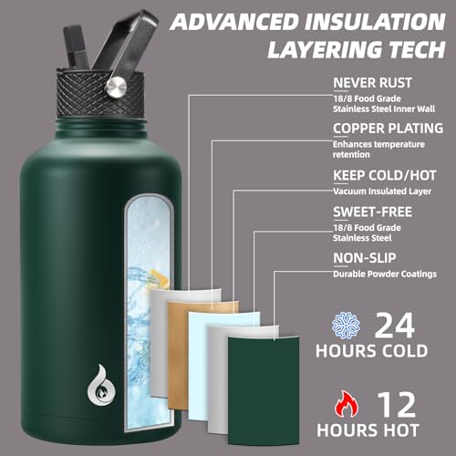 BJPKPK 64oz Insulated Water Bottle, Half Gallon Water Jug with Straw Lid | Large Stainless Steel Vacuum Jug, Keep Cold & Hot, BPA-Free Leak-Proof with 3 Lids, Paracord Handle, for Sports Hiking Travel - color: Army Green, size: 64 Ounces