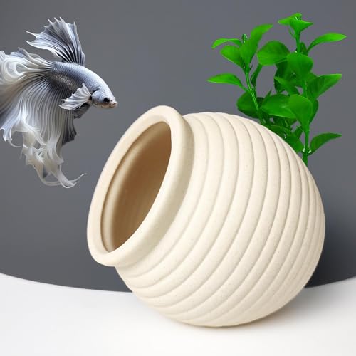 SpringSmart Aquarium Decor Rock Betta Fish Tank Decorations Ceramic Hideout Stone for Fish Shrimp Turtle Crab to Breed, Rest and Play, Small Fish Bowl Hiding Cave, Pot Shaped Betta Toys - size: TG