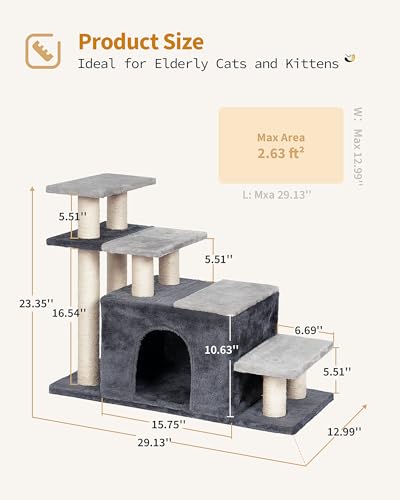 Aechonow 4-Tier Cat Stairs for High Bed with 22'' Cat Scratching Post | Pet Steps for Doggies Rabbit Ferret, Adjustable Cat Cave, Grey, Extra Large - size: Extra Large-Gray