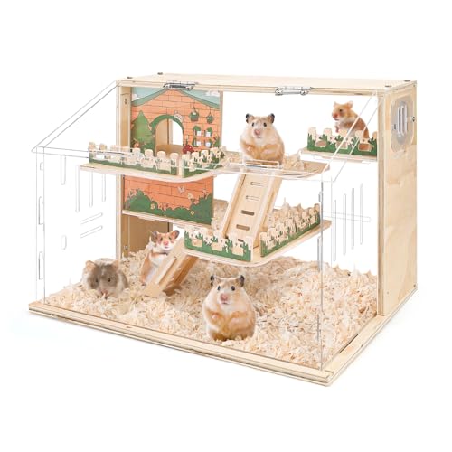Large Acrylic Hamster Cage, Wooden Dwarf Hamster Habitat, Spacious Dwarf Gerbil Cage, Premium Dwarf Hamster Habitat with Ventilator (Hamster Cage)