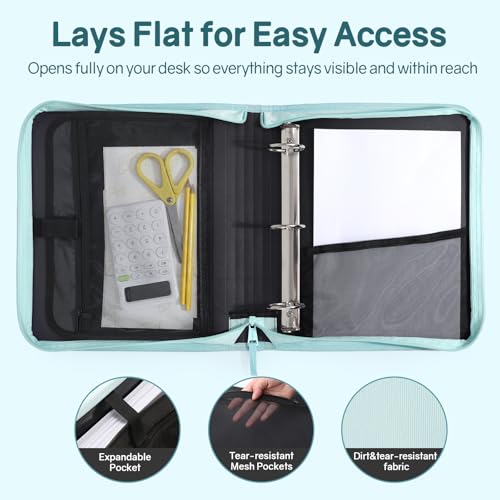 SUNEE Zippered Binder Bag with Handle, 2-Inch 3-Ring O-Ring, 500-Sheet Capacity, Includes Zip Pocket, 5-Tab Expanding File Folder, Multi-Pocket Organizer Binder for Middle School, Sky Blue - color: Sky Blue