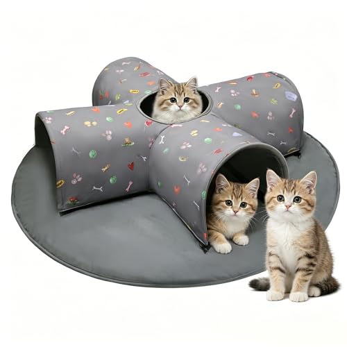 4-Way Indoor Cat Tunnel Bed with Top Peek Hole, 2-in-1 Collapsible Hideout with Removable Washable Mat, Interactive Play Tunnel for Cats, Kittens, Rabbits, Ferrets & Small Pets