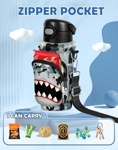 Water Bottle Carrier with Strap for Kids, 14-20 oz | Insulated, Neoprene Water Bottle Holder Bag with Pocket, Cute Cartoon, Bottle Bag for boys and girls, Walking Hiking Camping - color: Camo Shark