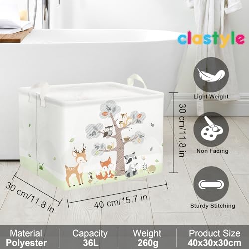 Clastyle 36L Large Woodland Animal Tree House Baby Basket Rectangle Deer Fox Squirrel Shelf Basket with Handle Collapsible Book Toy Clothes Towel Nursery Storage Basket | Waterproof Large Dirty Clothes Book Gift Toy Organizer Bin, Nursery Playroom Bedroom