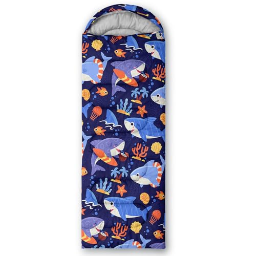 QOOMO Camping Sleeping Bags,3 Season Warm & Cool Weather,Lightweight,Waterproof Sleeping Bags for Adults & Kids,Traveling,and Outdoors,Camping Gear Equipment - color: cartoon shark