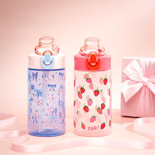 Zak Designs Berry and Bows Sage 16oz Leak-Proof Straw Kids Water Bottle | BPA Free Durable Plastic, Cupholder Friendly, Dishwasher Safe, Easy to Clean, Lid Lock, Handle, For School, Home, Travel - color: Berry and Bows