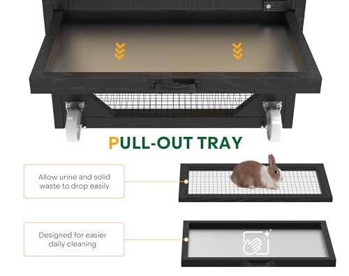 2-Story Rabbit Hutch, Wooden Bunny Cage with Chew-Proof Ramp, Indoor Outdoor Rabbit Cage with Wheels & Pull-Out Tray for Rabbits & Small Animals, Black & Yellow