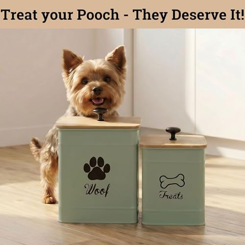 Dog Treat Container Set of 2 with Airtight Bamboo Lids - 8x6 & 7x5 inch | Fits All Popular Treats, Up to 20 Cups Combined Capacity, Airtight Bamboo Lid, Easy Open Lid, Dent-Resistant Durable Metal - color: Sage Green - Large