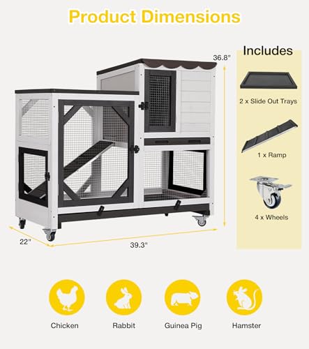 Aivituvin Rabbit Cage Indoor, 2-Story Bunny Cage with Leak-Proof Trays, Chew-Proof Wooden Rabbit Cage on Wheels for Small Pets (39.3" L x 22" W x 36.8" H) - Black and White - color: Black and White