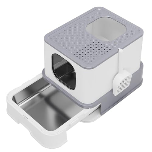 RIZZARI Stainless Steel Cat Litter: Enclosed, Top Entry, Easy Clean | Teflon Non-Stick Coating / High Splash Sides / Odor-Control Seal / Slide-Out Sifting Drawer / Leak-Proof / Multi-Cat & Garage - color: Gray