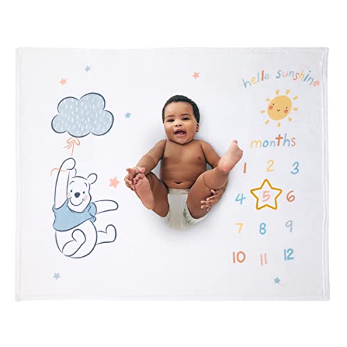 Disney Winnie The Pooh White, Yellow, and Aqua Super Soft Milestone Baby Blanket - color: Disney Winnie the Pooh