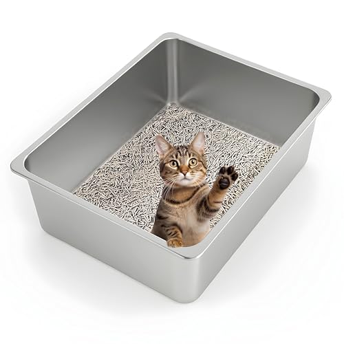 Kirecoo XL Stainless Steel Cat Litter Box High Sided, Non-Stick | Solid Metal Box, Odor Free, Non Stick, Rust Proof, Easy to Clean, Ideal for Cats, Kittens, Multi-cat & Rabbits, Indoor Use - size: 23.43" L x 15.55" W x 5.7" H