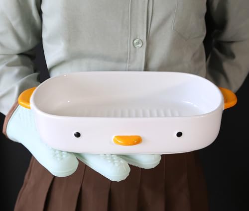 PURROOM Cute Duck Baking Dish, Ceramic Casserole Dish, White Porcelain Pie Pan, 10x7 in Medium Baking Pan with Handles, Oven Safe & Durable Bakeware for Lasagna. - size: 10x7'' Baking Dish