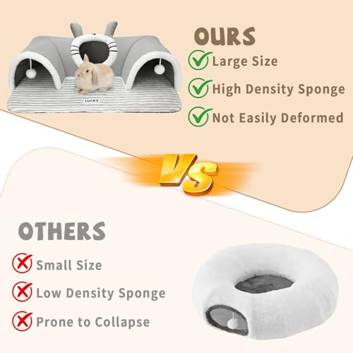 YUEPET 3-Way Bunny Tunnel Bed, Rabbit Tunnel for Indoor, Bunny Play Tunnel | Cozy Bunny Bed, Washable Rabbit Tunnels for Indoor Bunnies, With Removable Cushion, Anti-Slip Base, 29.5 x 21.7 in, Grey - color: Grey