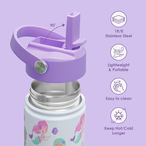 SANDJEST Kid Water Bottle 12oz with Straw Lid - 2-Pack Insulated Stainless Steel Water Bottles for Kids Girls - Travel Cup for School Sports, Rainbow & Mermaid - color: Mermaid + Rainbow (2 Pack)