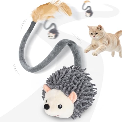 Migipaws Interactive Hedgehog Cat Toy 360° Rolling & Spin with Soft Plush Tail for Indoor Cats Smart Motion Sensor, Realistic Squeak, Rechargeable Plush Kitten Toy (Grey)
