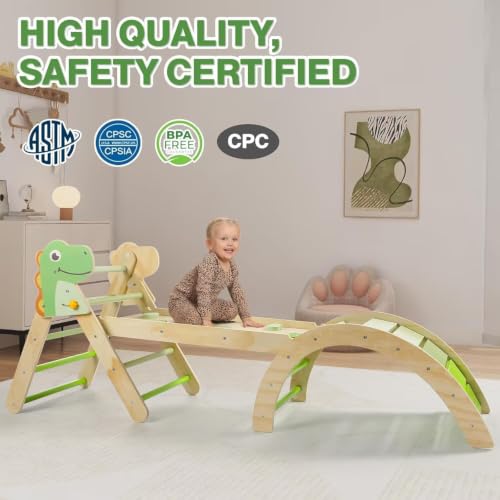 Pikler Triangle Set with Cushion, 7 in 1 Toddler Climbing Toys Indoor | Foldable Space-saving Design, Montessori-inspired Learning, Reversible Slide & Ramp, ASTM F963 Standards for Toddlers 18M-5Y - color: Dinosaur