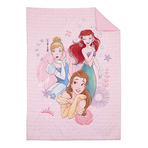 Disney Princess Always Be Bold Pink, Aqua, Blue, Lavender, and Yellow 4-Piece Belle, Ariel and Cinderella Toddler Bed Set - Comforter, Fitted Bottom Sheet, Flat Top Sheet, Reversible Pillowcase - color: Disney Princess