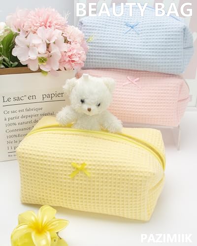 PAZIMIIK Cozy Makeup Bag for Women,Zipper Cosmetic Pouch,Waffle Yellow | Soft Cosmetic Organizer for Makeup,Skincare,Toiletries,Daily Beauty Essentials,Purse,On-the-Go,Bridesmaid Gifts - color: Waffle Yellow