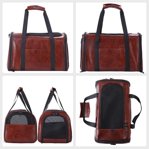 Fashion Dog Carrier Pet Carrier Airline Approved Cat Carrier for Small Dogs Cats Under 15 Lbs, Vegan Leather Collapsible Soft Sided Travel Puppy Carrier - color: Coffee