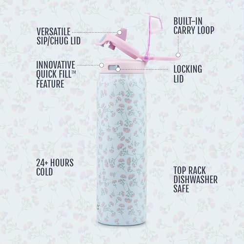 Ello Pop & Fill Insulated Stainless Steel Water Bottle with Quick Fill Lid, Leakproof Locking, Sip or Chug Spout, BPA-Free, Double Wall Vacuum Insulated for Sports, Travel & School- 22oz / 32oz / 40oz - color: Serene Blooms, style: 22oz