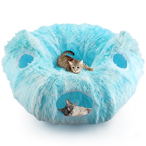 Cat Tunnel Bed, 3-in-1 Collapsible Cat Tube with Removable Washable Cushion, Multi-Shape (U/S/Half-Round) Playhouse with Peekaboo Holes, Hanging Balls & Cat Ears for Cats, Small Dogs, Rabbits - color: Sky Blue
