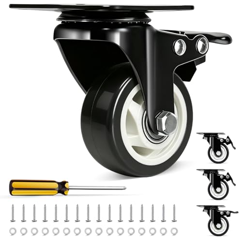 QNCZ 3 Inch Caster Wheels with Brake, Swivel,Heavy Duty, Silent, Set of 4 | Easy to Install, Efficient operation, convenient braking,Silent, Floor friendly,Widely Applied for Cart,Furniture,Workbench - color: black, size: 3 IN