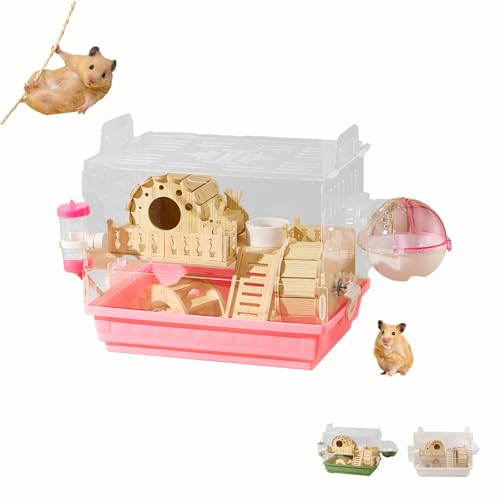 Acrylic Hamster Cage,Small Animal Houses&Habitats with Accessories,Hamster Enclosure with Stairs,Clear Pet Mice House,for Dwarf Gerbil,Dwarf Hamster,Pet Mice(Pink,13.78" L*10.23" W*10.83" H) - color: Pink