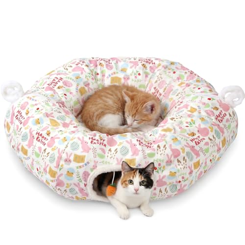 Aliceset Easter Bunny Cat Tunnel Bed for Indoor Cats 3ft x 3ft x 10in Foldable Cat Donut Tunnel with Washable Cushion Easter Rabbit Peekaboo Cave Toy for Small Kitten Kitty