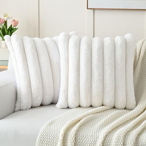 FUTEI Pack of 2 Faux Rabbit Fur Throw Pillow Covers 18x18 Inch, Cream White | Luxury Plush Texture, Striped Design, Cozy Soft Touch, Non-Shedding, Modern Home Decorative for Sofa Living Room Couch Bed - color: Cream White, size: 18" x 18" (Pack of 2)