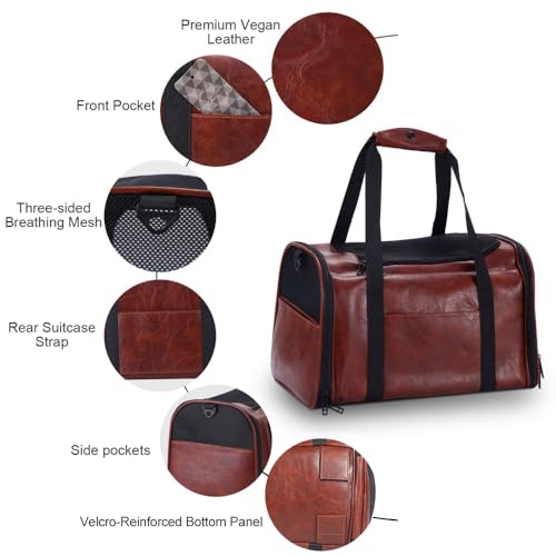 Fashion Dog Carrier Pet Carrier Airline Approved Cat Carrier for Small Dogs Cats Under 15 Lbs, Vegan Leather Collapsible Soft Sided Travel Puppy Carrier - color: Coffee