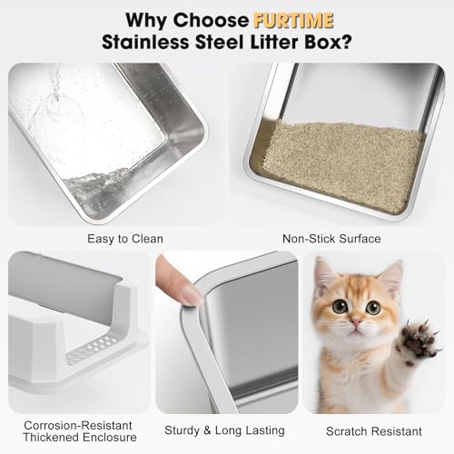 FURTIME Stainless Steel Cat Litter Box, Large Cats Metal Litter Box | High-Sided Open-Top Easy-Clean Litter Pan, Non-Stick, Anti-Leakage, Odor-Free, Comes with Scoop & Mat, 23"×15"×10.5" - color: Silver, size: Large